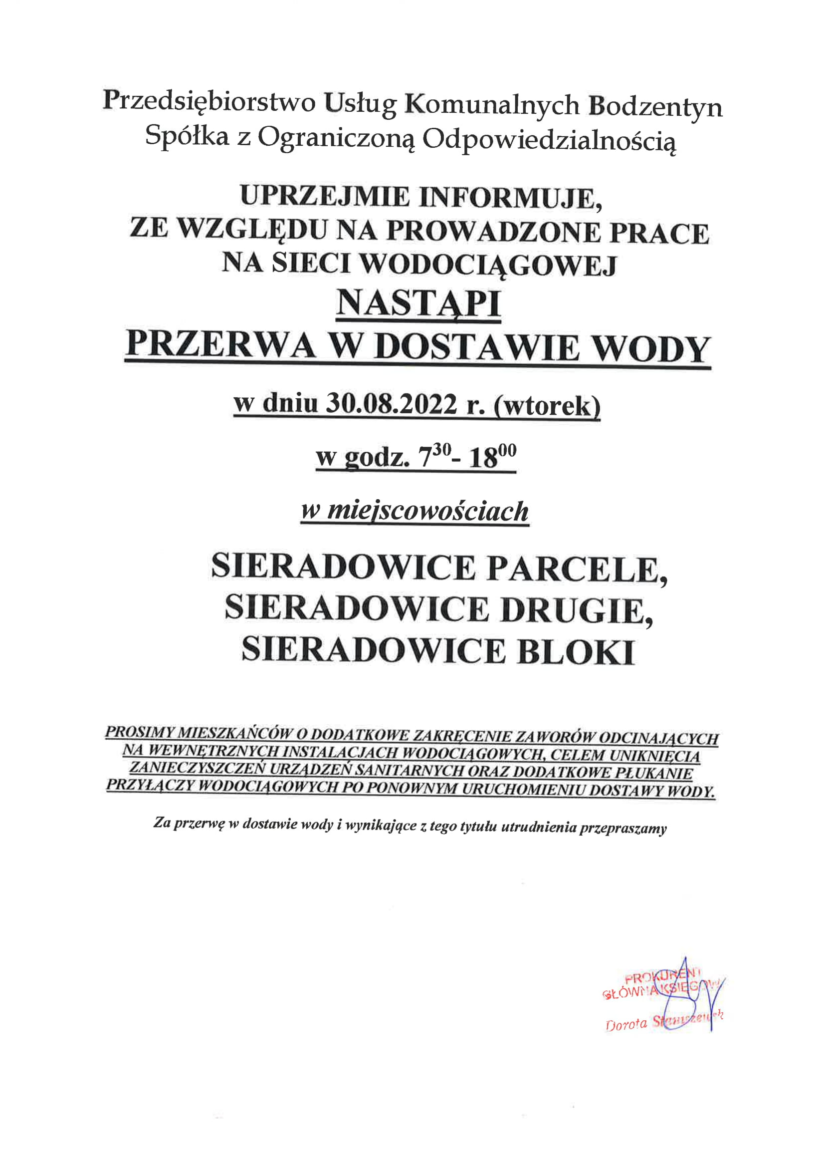 OGOSZENIE zamknicie wody 2022 08 30 Sieradowice Parcele Sieradowice Drugie Sieradowice Bloki 1