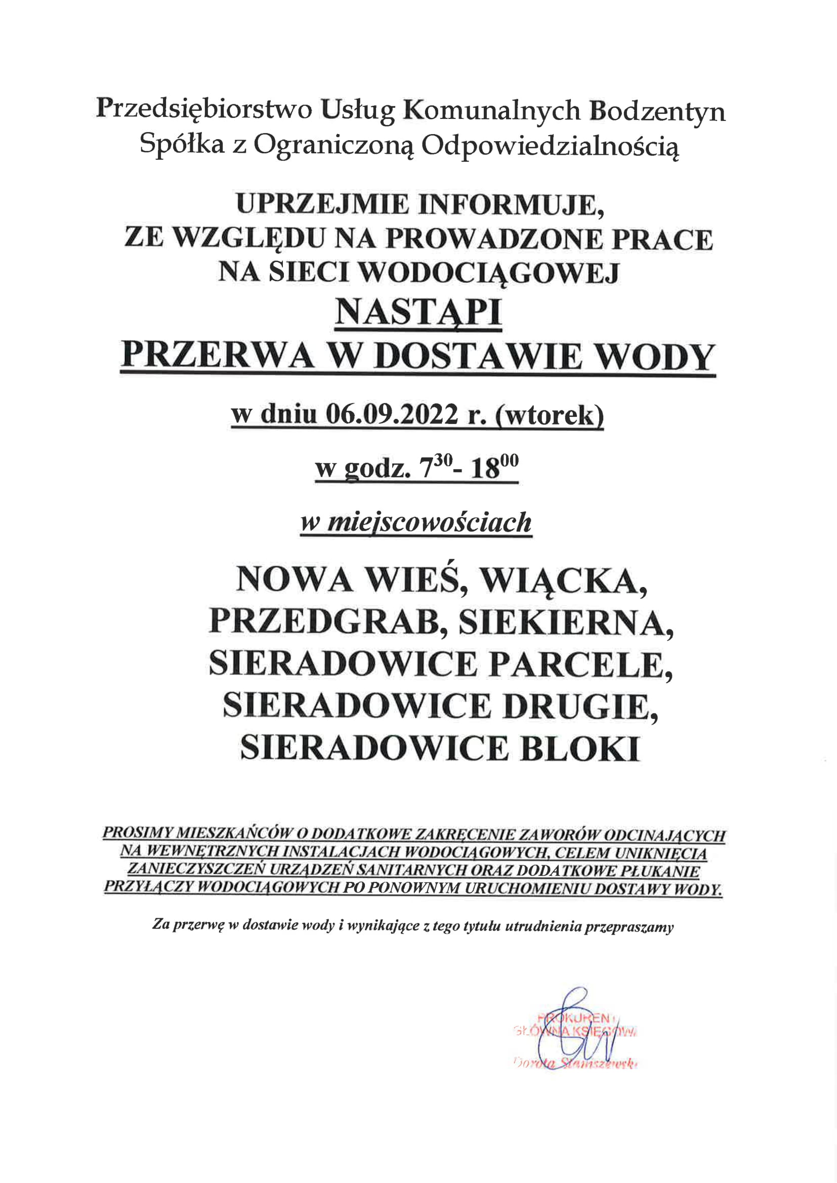OGOSZENIE zamknicie wody 2022 09 06 Nowa Wie Wicka Przedgrab Siekierna Sieradowice 1